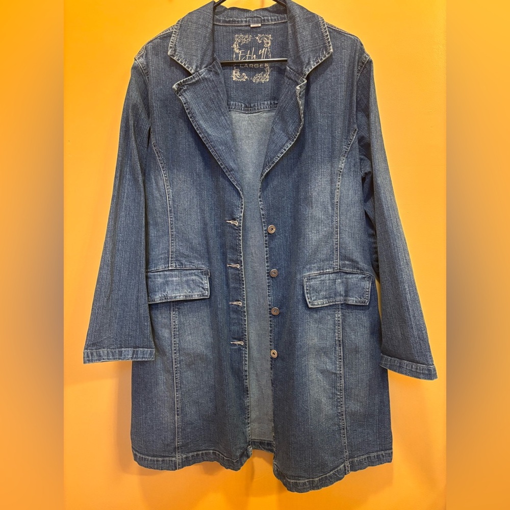 Ethyl Long Jean Jacket size Lg used but in good condition